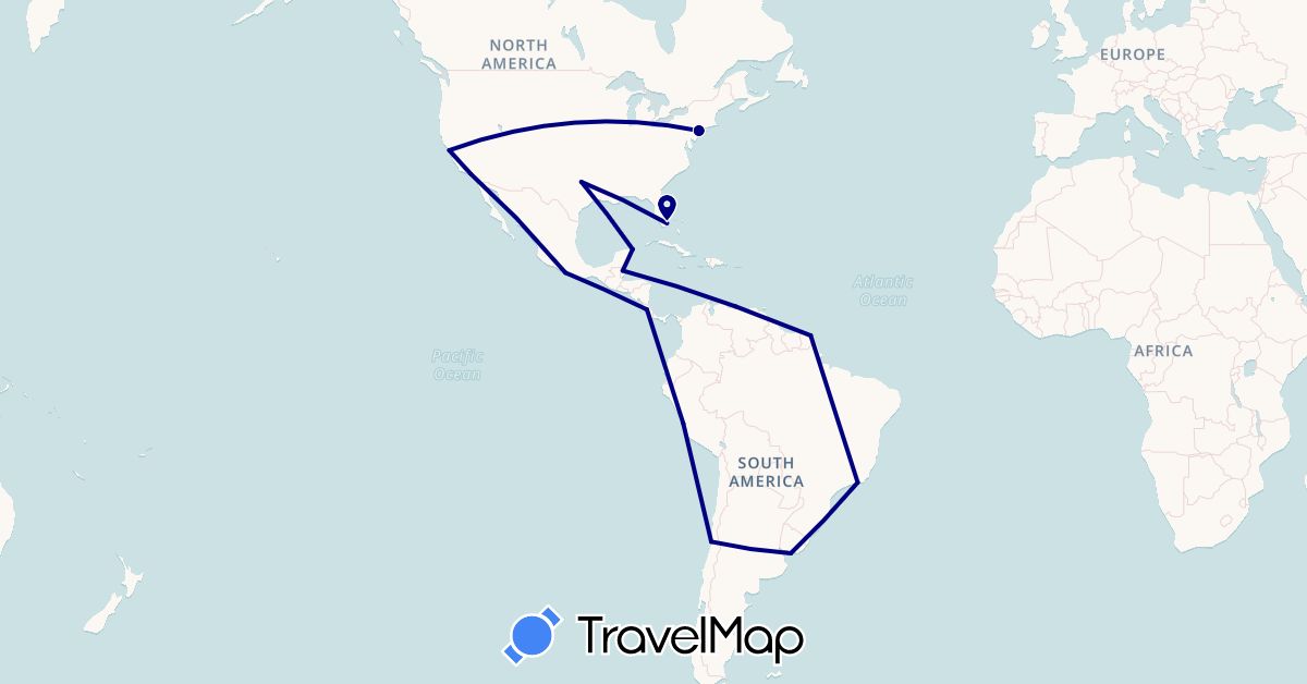 TravelMap itinerary: driving in Brazil, Belize, Chile, Costa Rica, France, Mexico, Peru, United States, Uruguay, Venezuela (Europe, North America, South America)